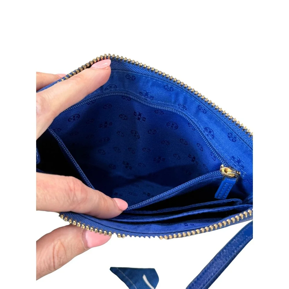 Tory Burch Wristlet Cobalt Blue Saffiano Leather Pineapple Zip Clutch Wallet Bag
